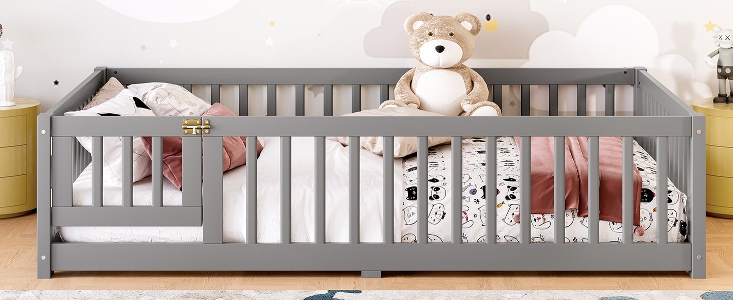 Bellemave® Full Size Floor Bed with Safety Guardrails and Door for Kids, Natural - Bellemave