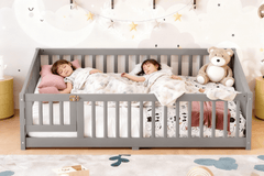 Bellemave® Full Size Floor Bed with Safety Guardrails and Door for Kids, Natural - Bellemave