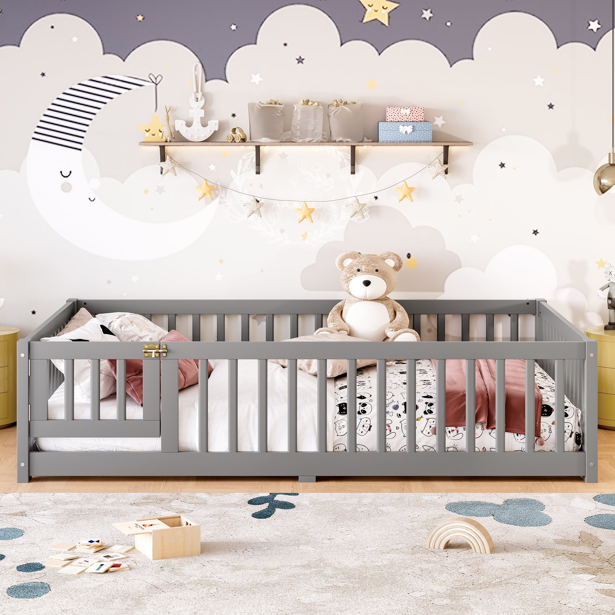 Bellemave® Full Size Floor Bed with Safety Guardrails and Door for Kids, Natural - Bellemave