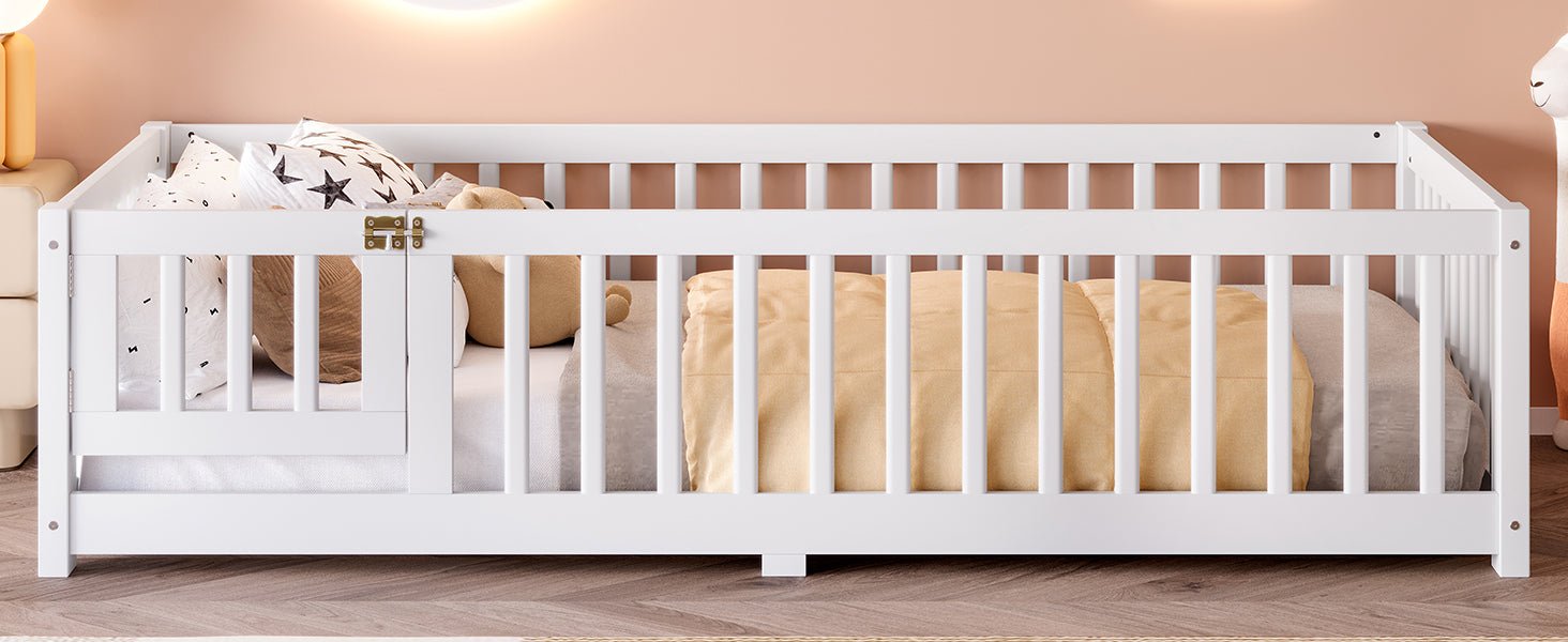 Bellemave® Full Size Floor Bed with Safety Guardrails and Door for Kids, Natural - Bellemave