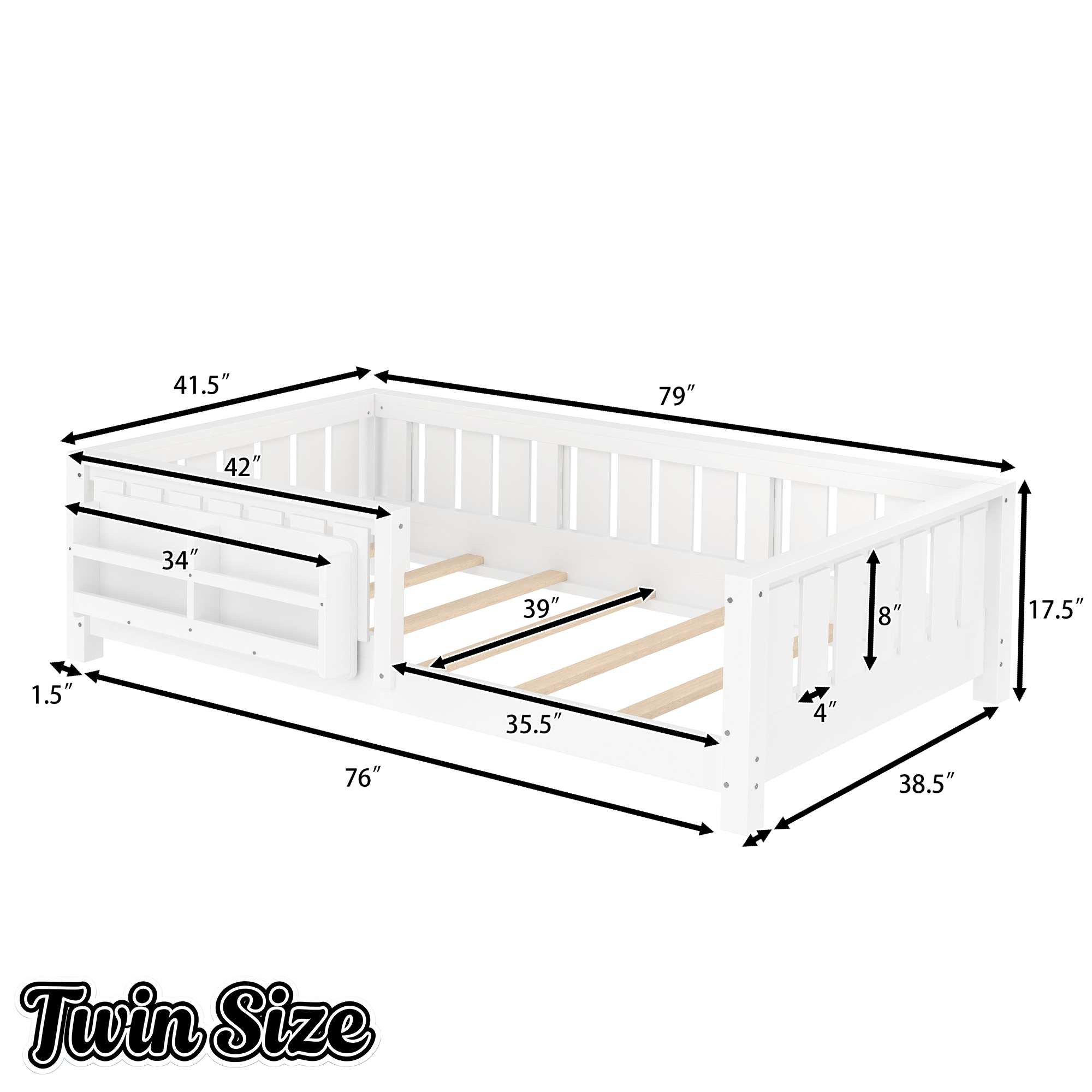 Bellemave® Full Size Floor Bed with Slats and Safety Guardrail, Full Size Montessori Floor Bed with Fence and Built - in Bookshelf,Beige - Bellemave