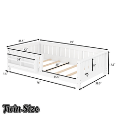 Bellemave® Full Size Floor Bed with Slats and Safety Guardrail, Full Size Montessori Floor Bed with Fence and Built - in Bookshelf,Beige - Bellemave