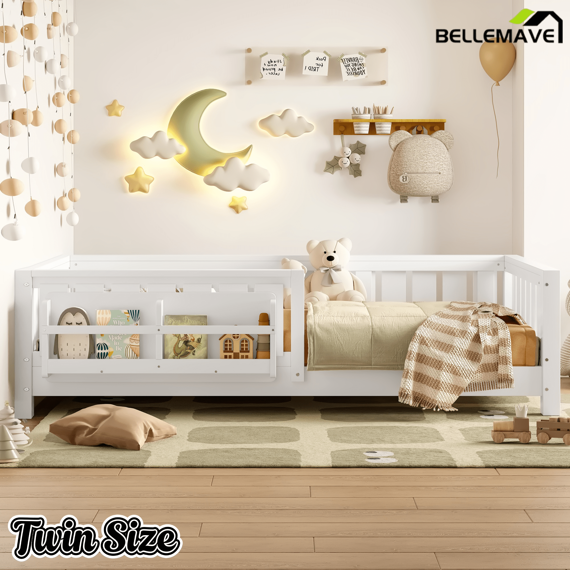 Bellemave® Full Size Floor Bed with Slats and Safety Guardrail, Full Size Montessori Floor Bed with Fence and Built - in Bookshelf,Beige - Bellemave
