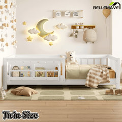 Bellemave® Full Size Floor Bed with Slats and Safety Guardrail, Full Size Montessori Floor Bed with Fence and Built - in Bookshelf,Beige - Bellemave