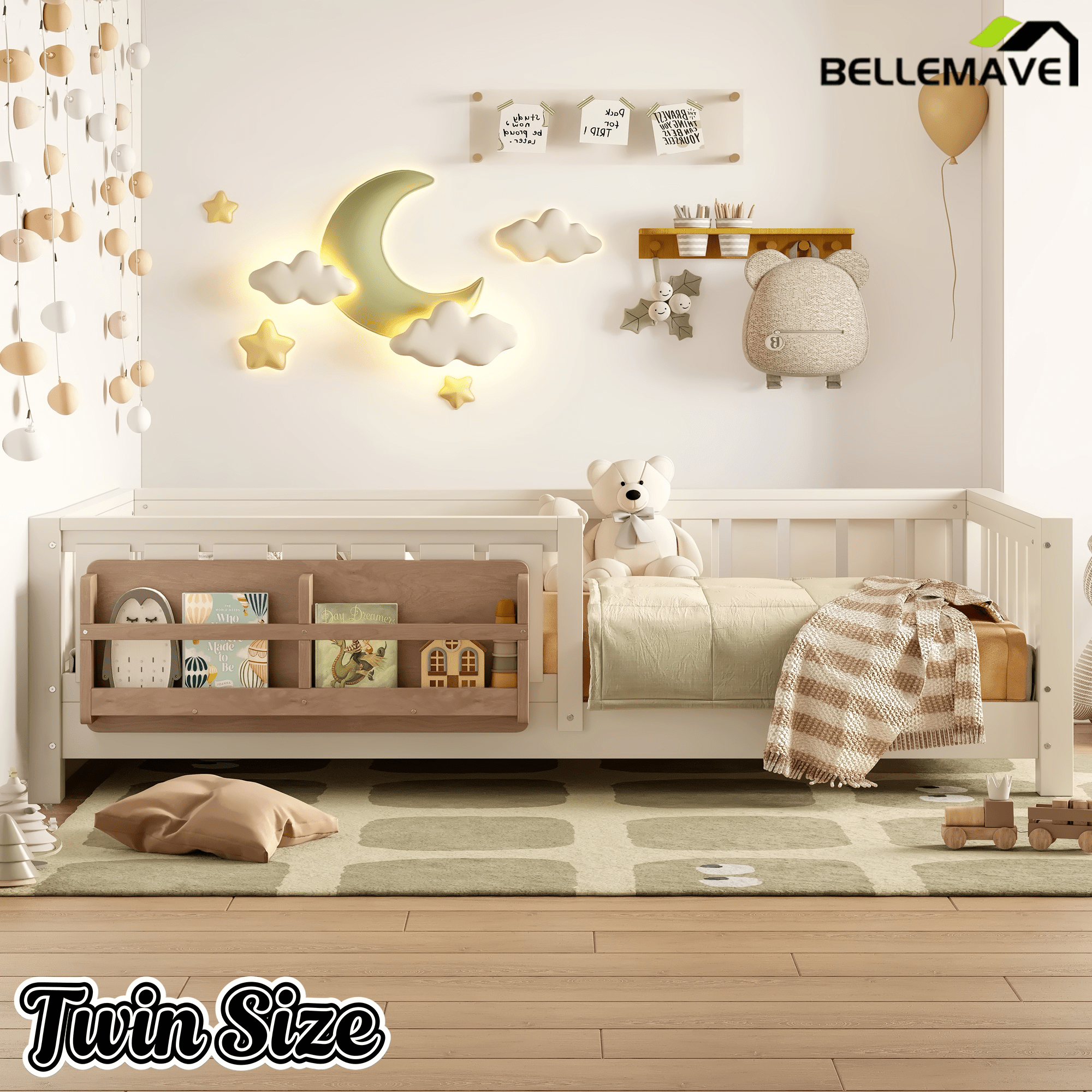 Bellemave® Full Size Floor Bed with Slats and Safety Guardrail, Full Size Montessori Floor Bed with Fence and Built - in Bookshelf,Beige - Bellemave