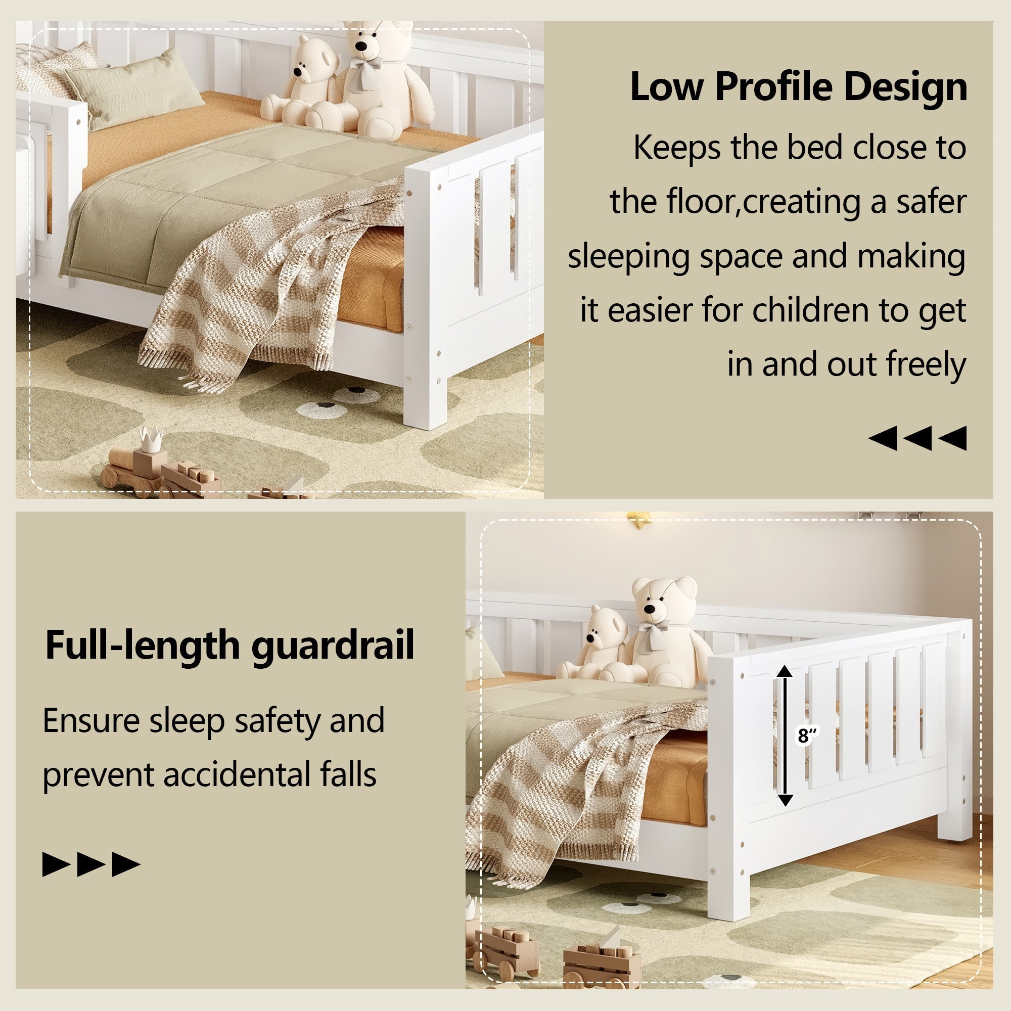 Bellemave® Full Size Floor Bed with Slats and Safety Guardrail, Full Size Montessori Floor Bed with Fence and Built - in Bookshelf,Beige - Bellemave