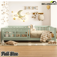 Bellemave® Full Size Floor Bed with Slats and Safety Guardrail, Full Size Montessori Floor Bed with Fence and Built - in Bookshelf,Beige - Bellemave