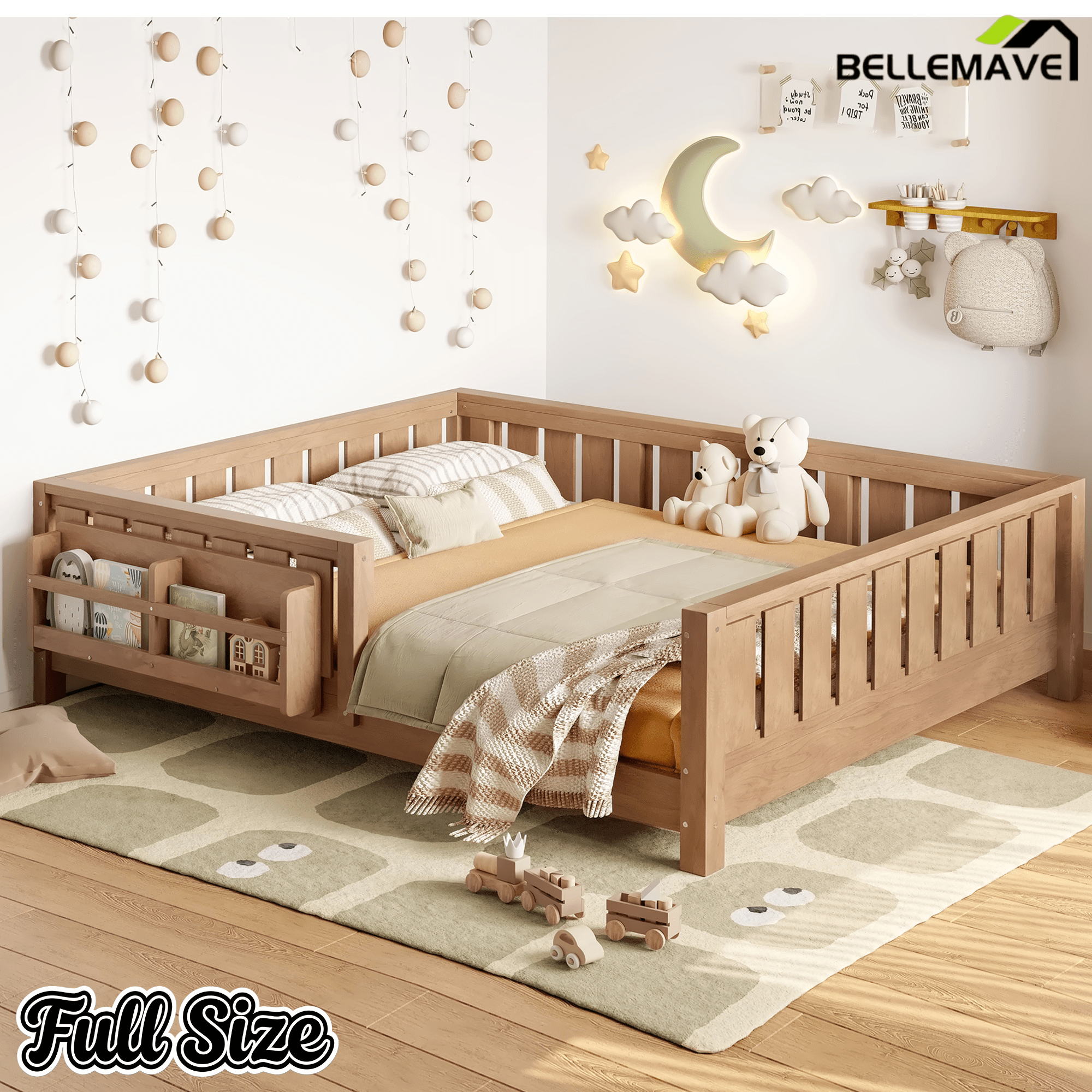 Bellemave® Full Size Floor Bed with Slats and Safety Guardrail, Full Size Montessori Floor Bed with Fence and Built - in Bookshelf,Beige - Bellemave