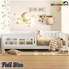 Bellemave® Full Size Floor Bed with Slats and Safety Guardrail, Full Size Montessori Floor Bed with Fence and Built - in Bookshelf,Beige - Bellemave
