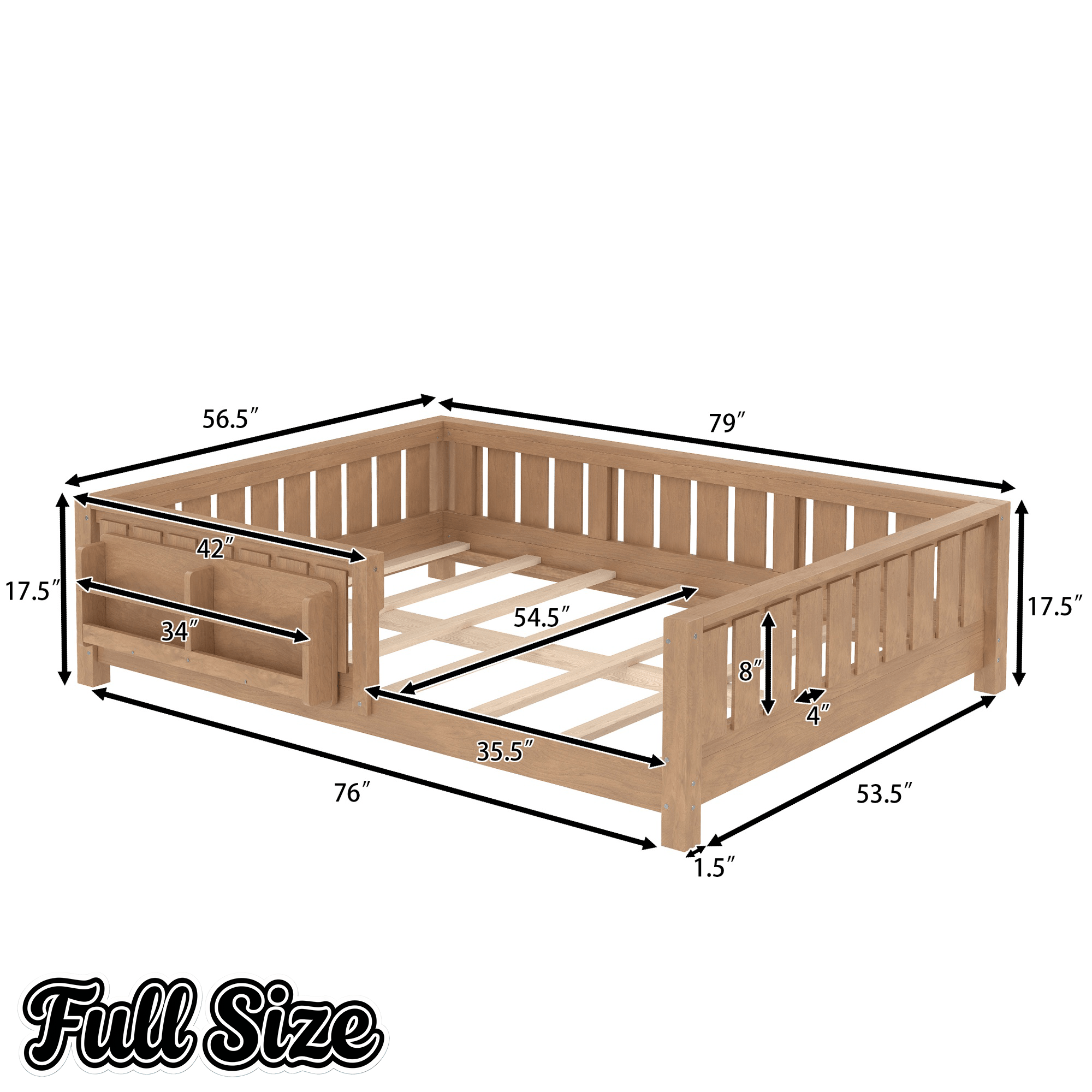 Bellemave® Full Size Floor Bed with Slats and Safety Guardrail, Full Size Montessori Floor Bed with Fence and Built - in Bookshelf,Beige - Bellemave