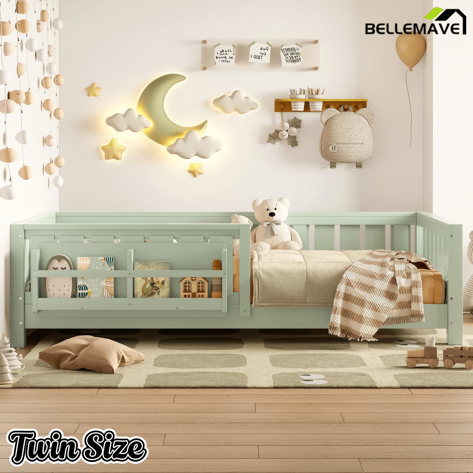 Bellemave® Full Size Floor Bed with Slats and Safety Guardrail, Full Size Montessori Floor Bed with Fence and Built - in Bookshelf,Beige - Bellemave