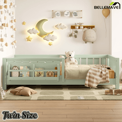 Bellemave® Full Size Floor Bed with Slats and Safety Guardrail, Full Size Montessori Floor Bed with Fence and Built - in Bookshelf,Beige - Bellemave