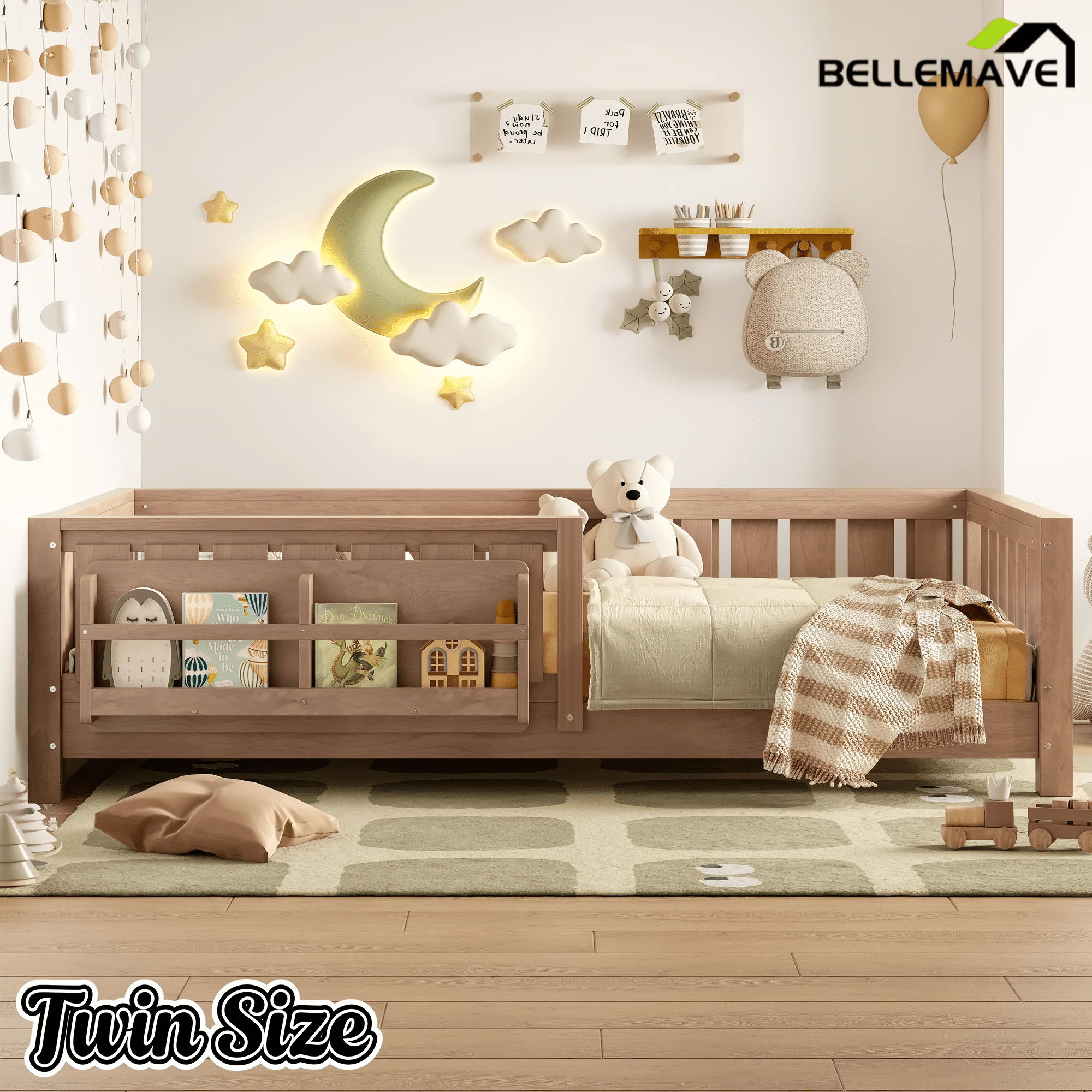 Bellemave® Full Size Floor Bed with Slats and Safety Guardrail, Full Size Montessori Floor Bed with Fence and Built - in Bookshelf,Beige - Bellemave