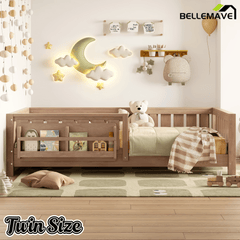 Bellemave® Full Size Floor Bed with Slats and Safety Guardrail, Full Size Montessori Floor Bed with Fence and Built - in Bookshelf,Beige - Bellemave