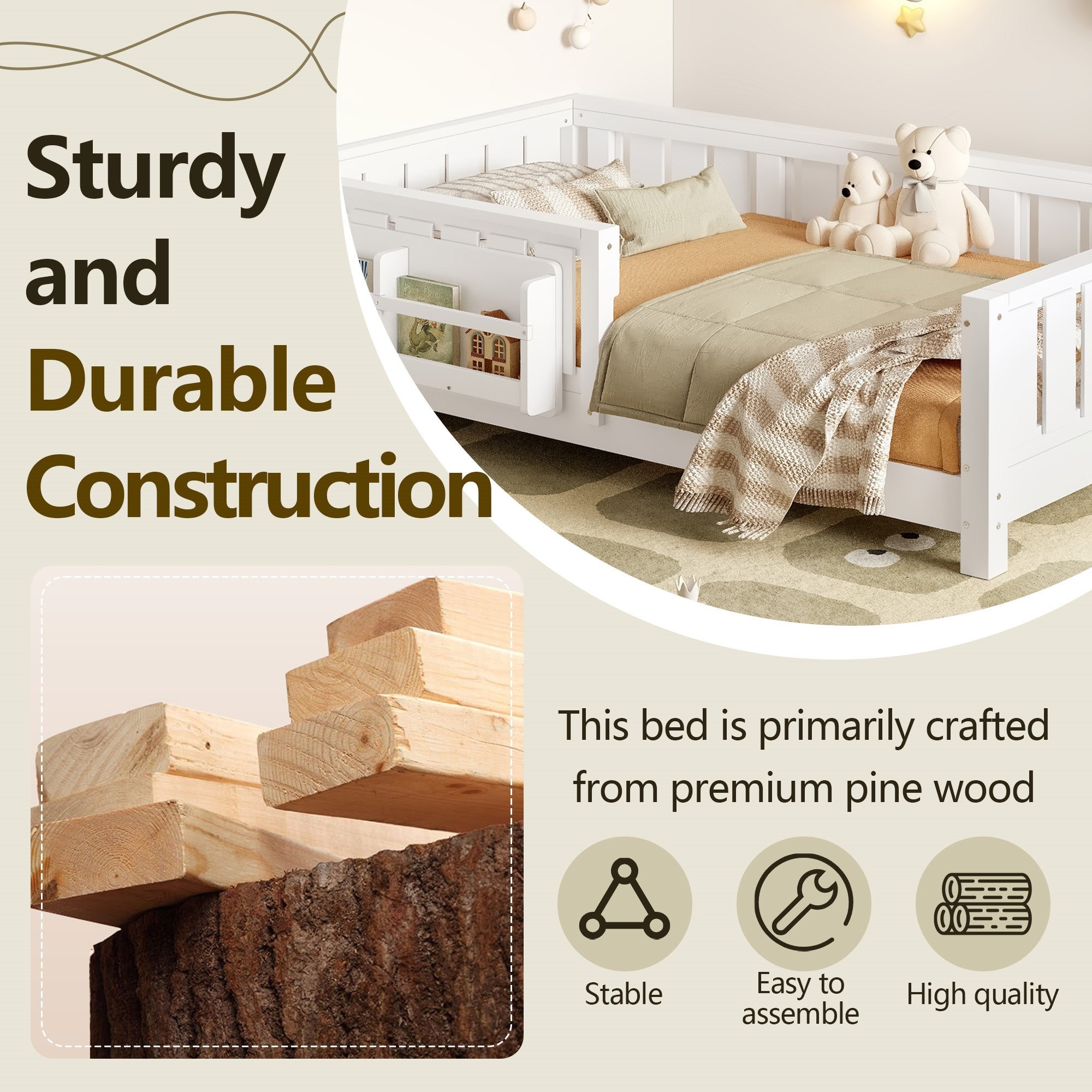 Bellemave® Full Size Floor Bed with Slats and Safety Guardrail, Full Size Montessori Floor Bed with Fence and Built - in Bookshelf,Beige - Bellemave