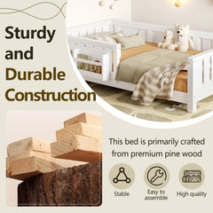 Bellemave® Full Size Floor Bed with Slats and Safety Guardrail, Full Size Montessori Floor Bed with Fence and Built - in Bookshelf,Beige - Bellemave