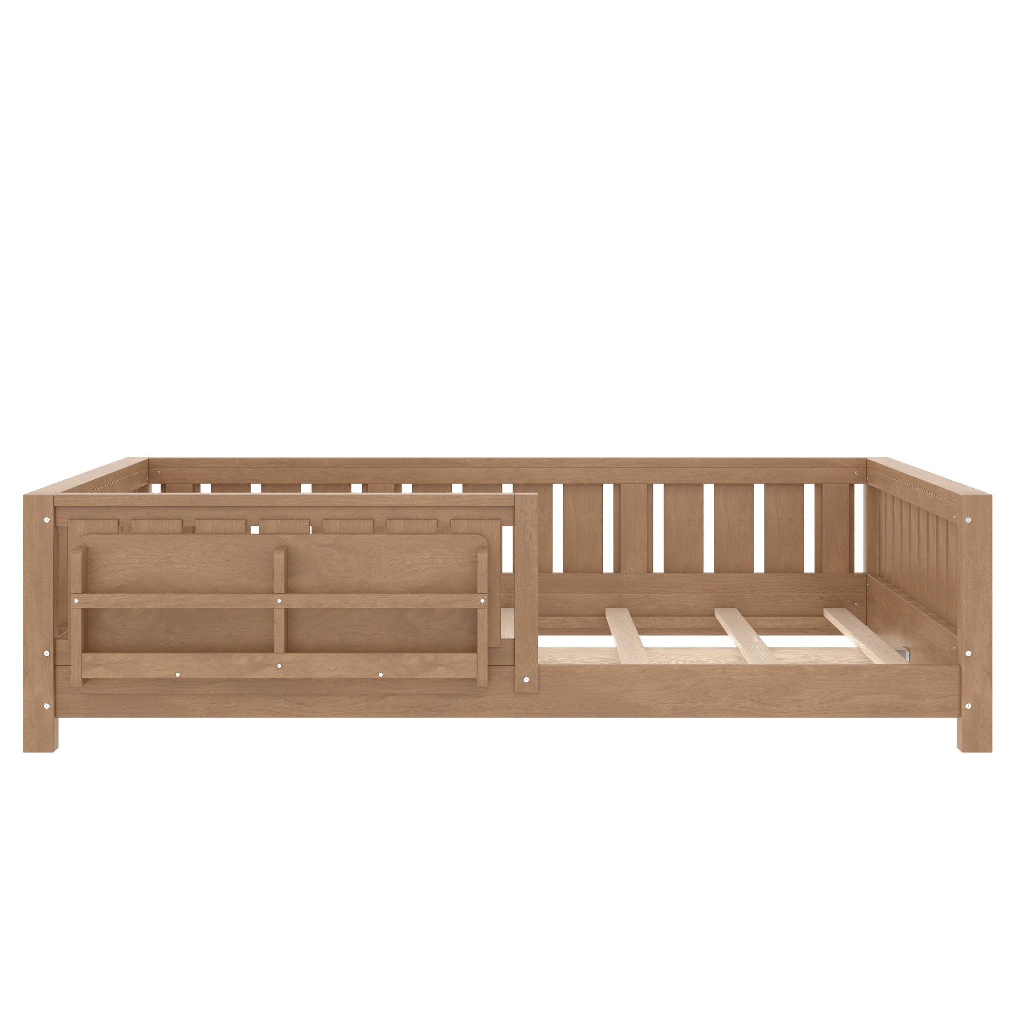 Bellemave® Full Size Floor Bed with Slats and Safety Guardrail, Full Size Montessori Floor Bed with Fence and Built - in Bookshelf,Beige - Bellemave