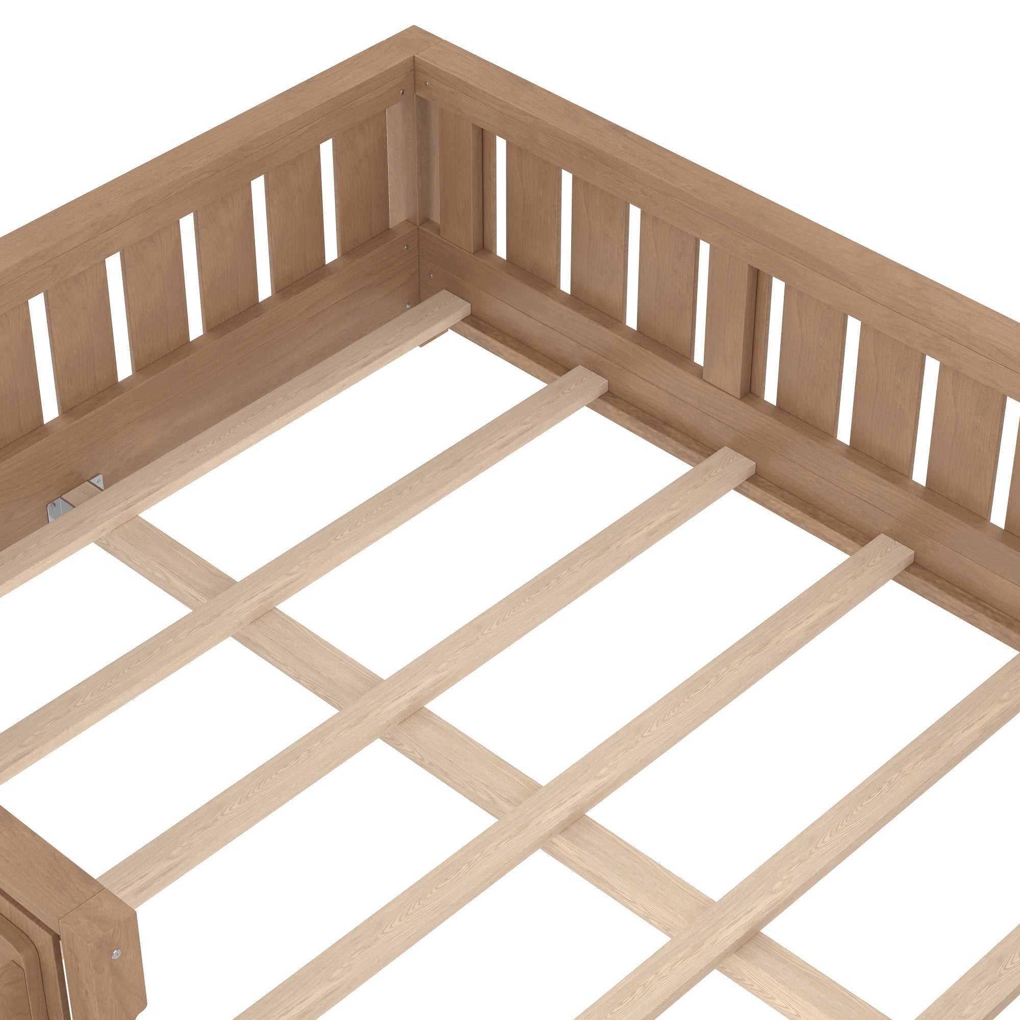 Bellemave® Full Size Floor Bed with Slats and Safety Guardrail, Full Size Montessori Floor Bed with Fence and Built - in Bookshelf,Beige - Bellemave