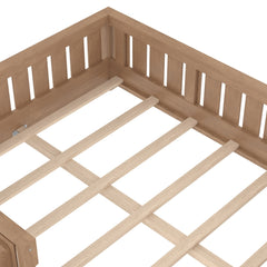 Bellemave® Full Size Floor Bed with Slats and Safety Guardrail, Full Size Montessori Floor Bed with Fence and Built - in Bookshelf,Beige - Bellemave