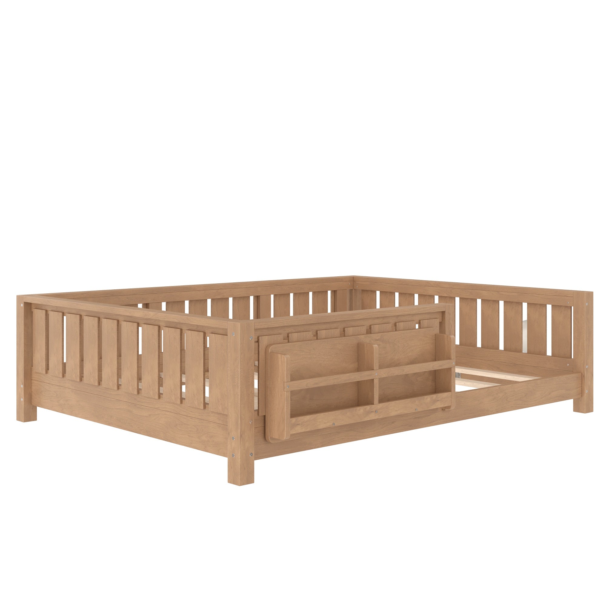 Bellemave® Full Size Floor Bed with Slats and Safety Guardrail, Full Size Montessori Floor Bed with Fence and Built - in Bookshelf,Beige - Bellemave