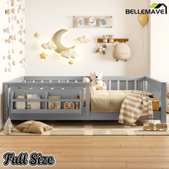 Bellemave® Full Size Floor Bed with Slats and Safety Guardrail, Full Size Montessori Floor Bed with Fence and Built - in Bookshelf,Beige - Bellemave