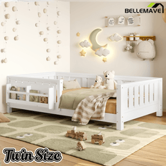 Bellemave® Full Size Floor Bed with Slats and Safety Guardrail, Full Size Montessori Floor Bed with Fence and Built - in Bookshelf,Beige - Bellemave
