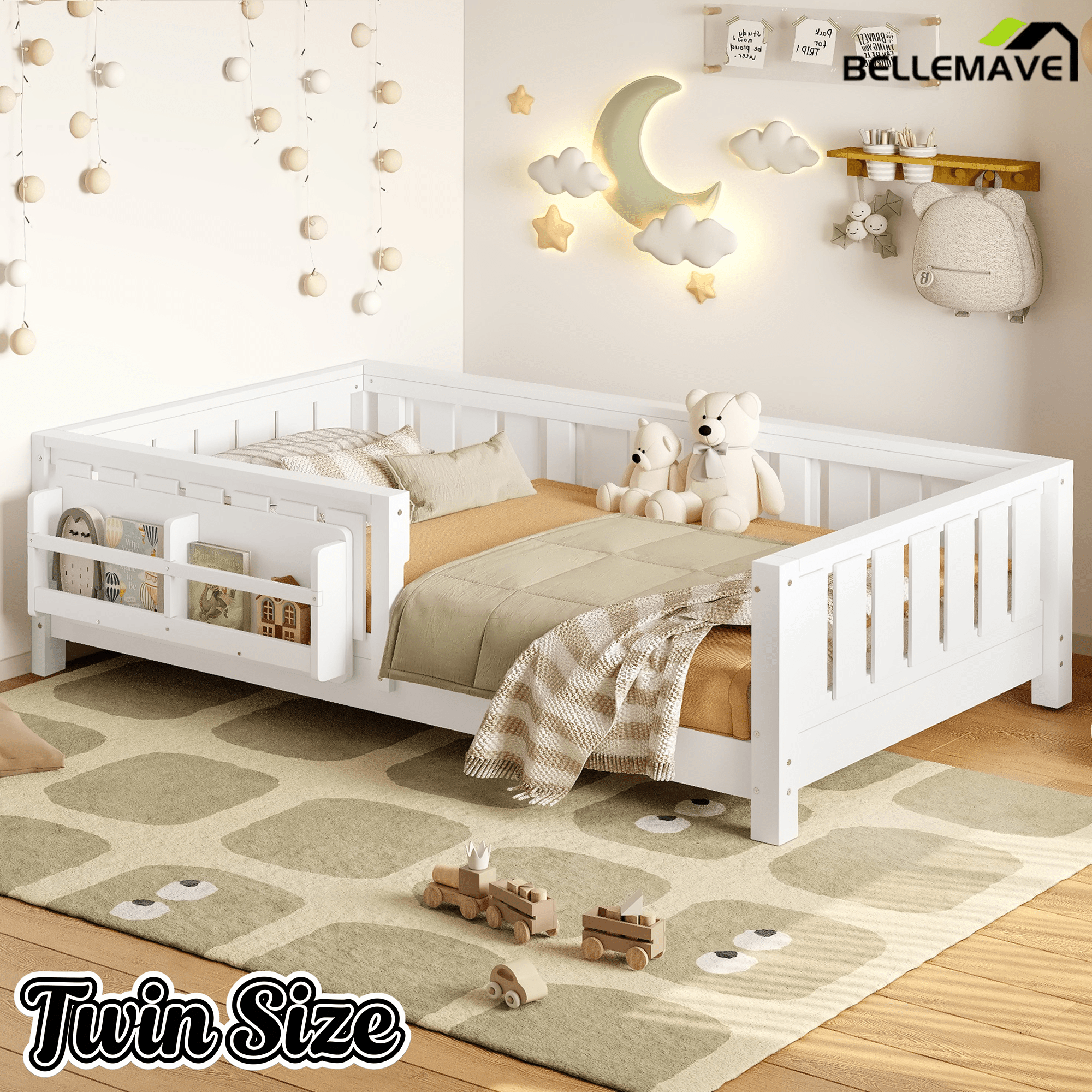 Bellemave® Full Size Floor Bed with Slats and Safety Guardrail, Full Size Montessori Floor Bed with Fence and Built - in Bookshelf,Beige - Bellemave