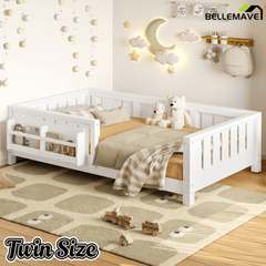 Bellemave® Full Size Floor Bed with Slats and Safety Guardrail, Full Size Montessori Floor Bed with Fence and Built - in Bookshelf,Beige - Bellemave