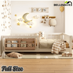 Bellemave® Full Size Floor Bed with Slats and Safety Guardrail, Full Size Montessori Floor Bed with Fence and Built - in Bookshelf,Beige - Bellemave