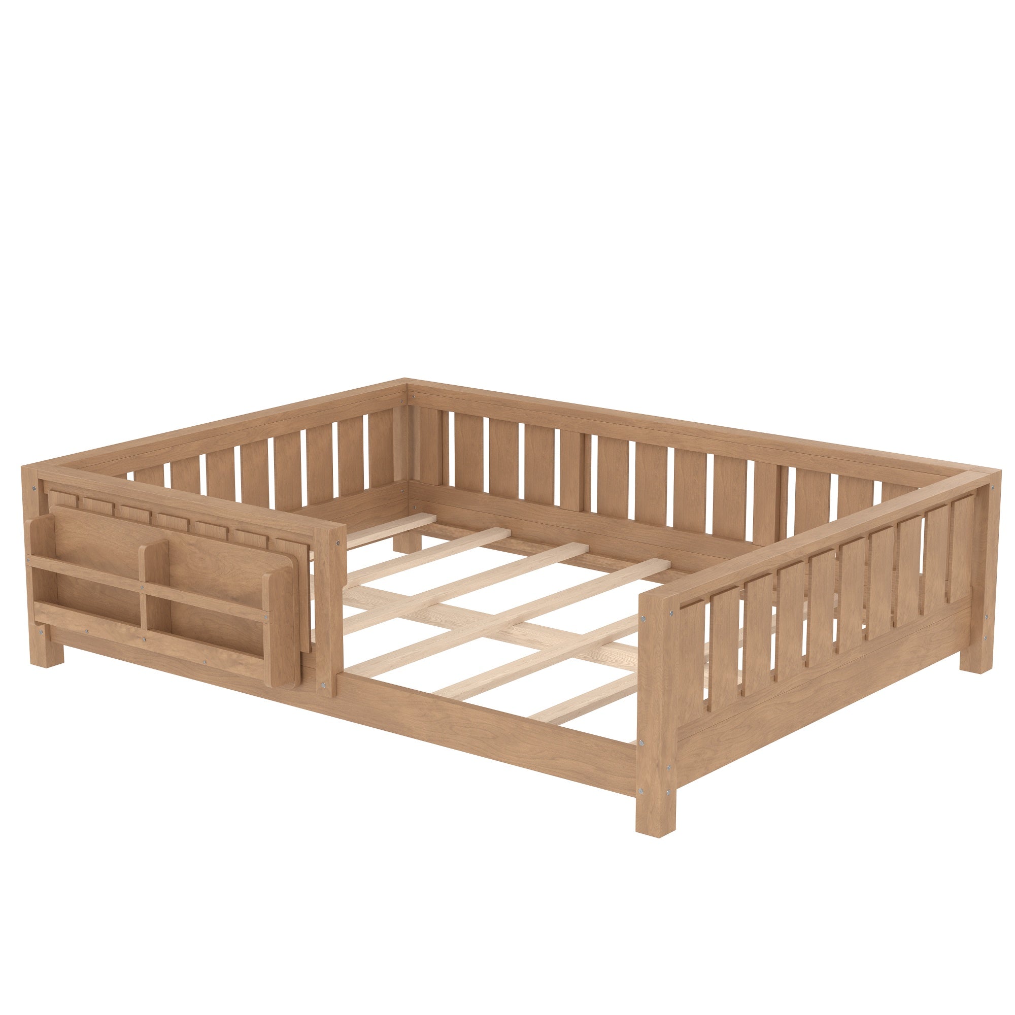 Bellemave® Full Size Floor Bed with Slats and Safety Guardrail, Full Size Montessori Floor Bed with Fence and Built - in Bookshelf,Beige - Bellemave