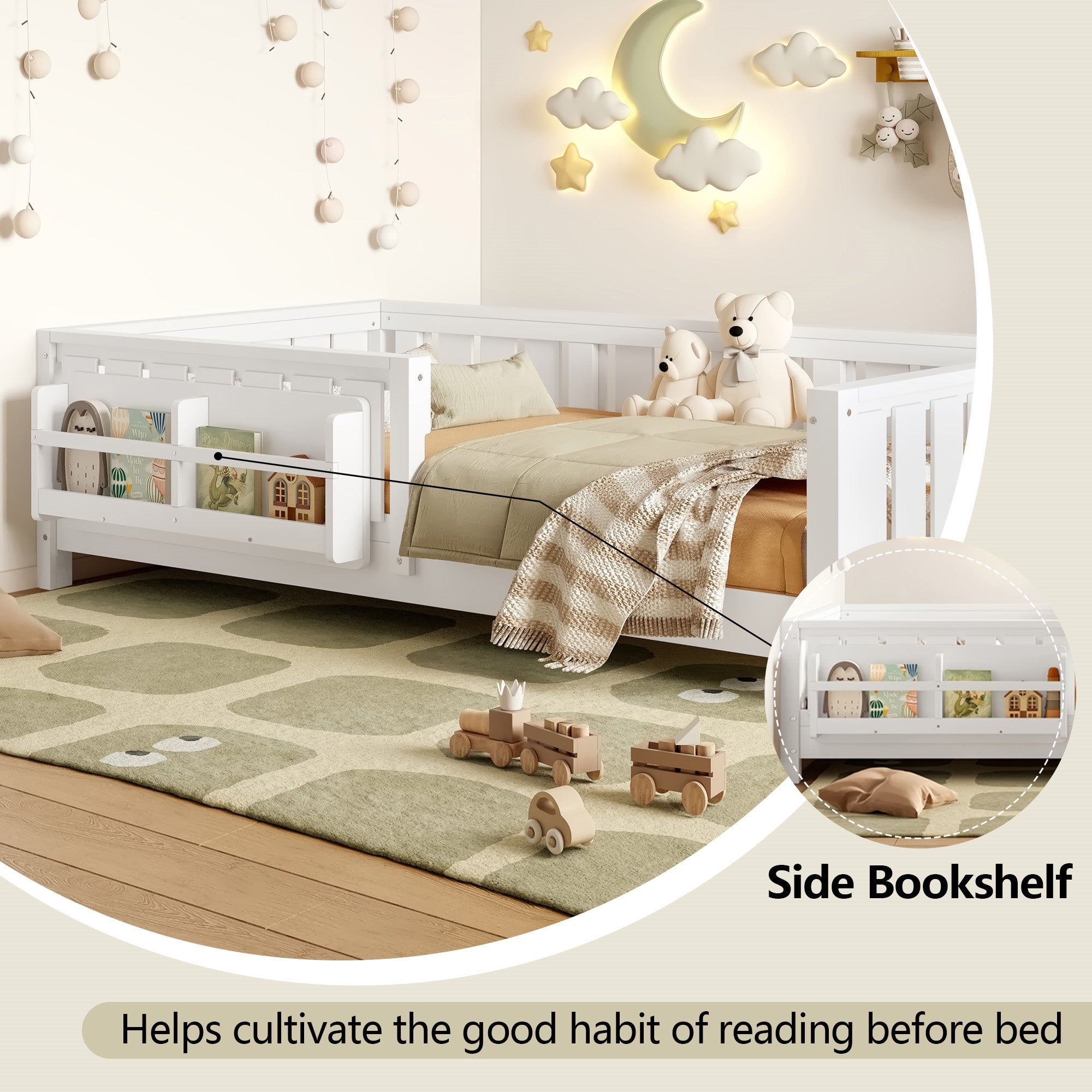 Bellemave® Full Size Floor Bed with Slats and Safety Guardrail, Full Size Montessori Floor Bed with Fence and Built - in Bookshelf,Beige - Bellemave