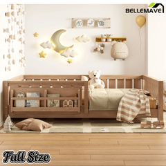 Bellemave® Full Size Floor Bed with Slats and Safety Guardrail, Full Size Montessori Floor Bed with Fence and Built - in Bookshelf,Beige - Bellemave