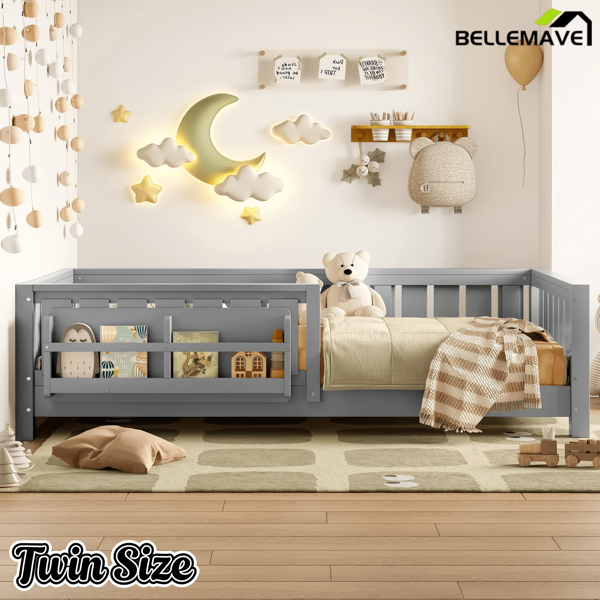 Bellemave® Full Size Floor Bed with Slats and Safety Guardrail, Full Size Montessori Floor Bed with Fence and Built - in Bookshelf,Beige - Bellemave