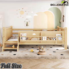 Bellemave® Full Size Floor Bed with Storage Bookcases, Solid Wood Kids Floor Bed with Cute Stairs and Guardrails, No Box Spring Needed, Espresso - Bellemave