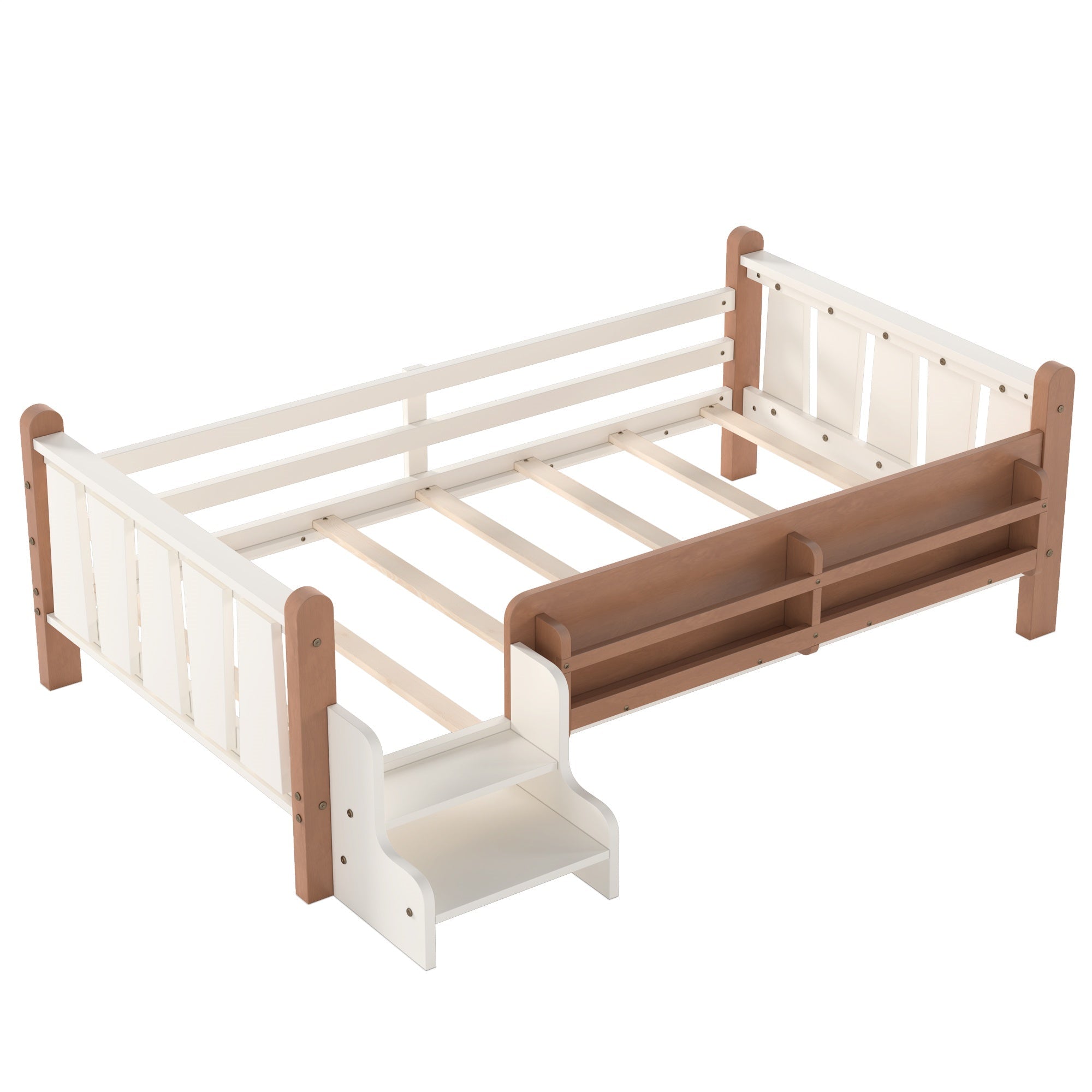 Bellemave® Full Size Floor Bed with Storage Bookcases, Solid Wood Kids Floor Bed with Cute Stairs and Guardrails, No Box Spring Needed, Espresso - Bellemave