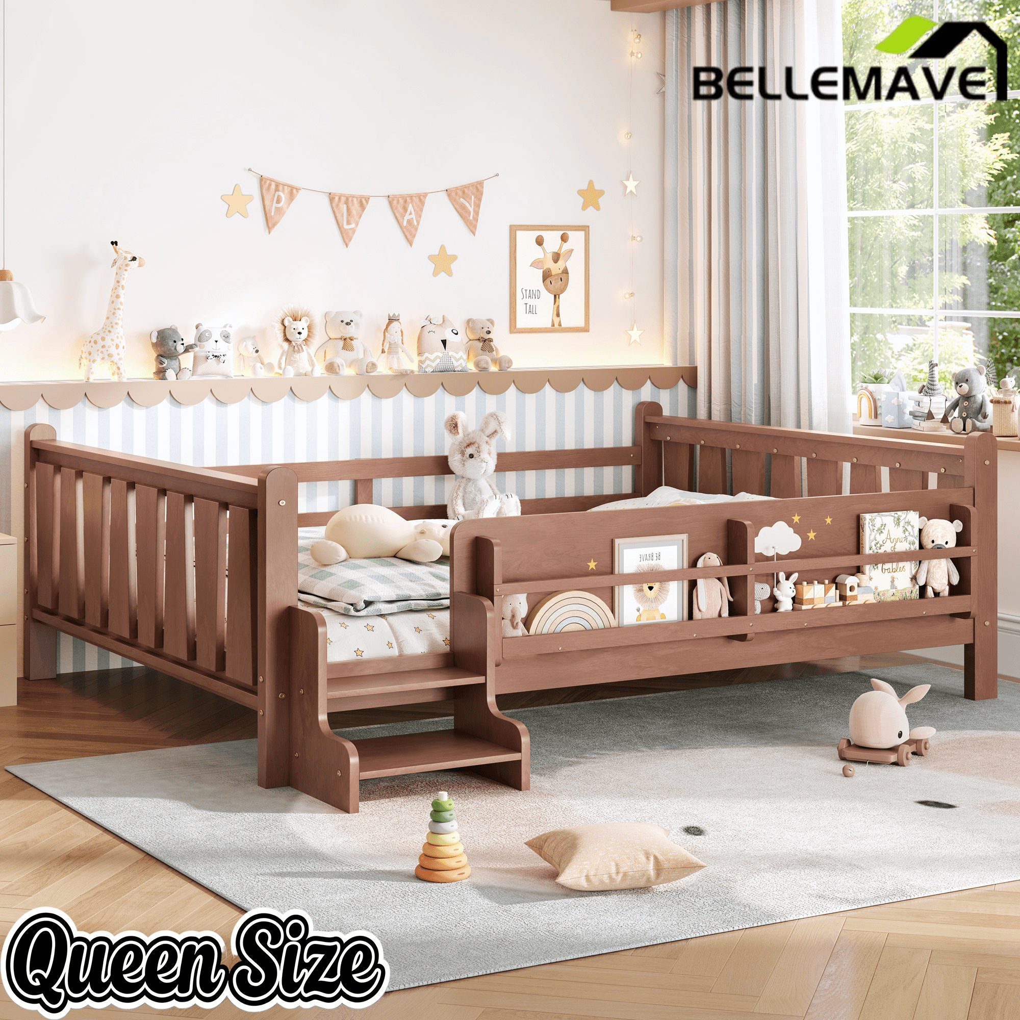 Bellemave® Full Size Floor Bed with Storage Bookcases, Solid Wood Kids Floor Bed with Cute Stairs and Guardrails, No Box Spring Needed, Espresso - Bellemave