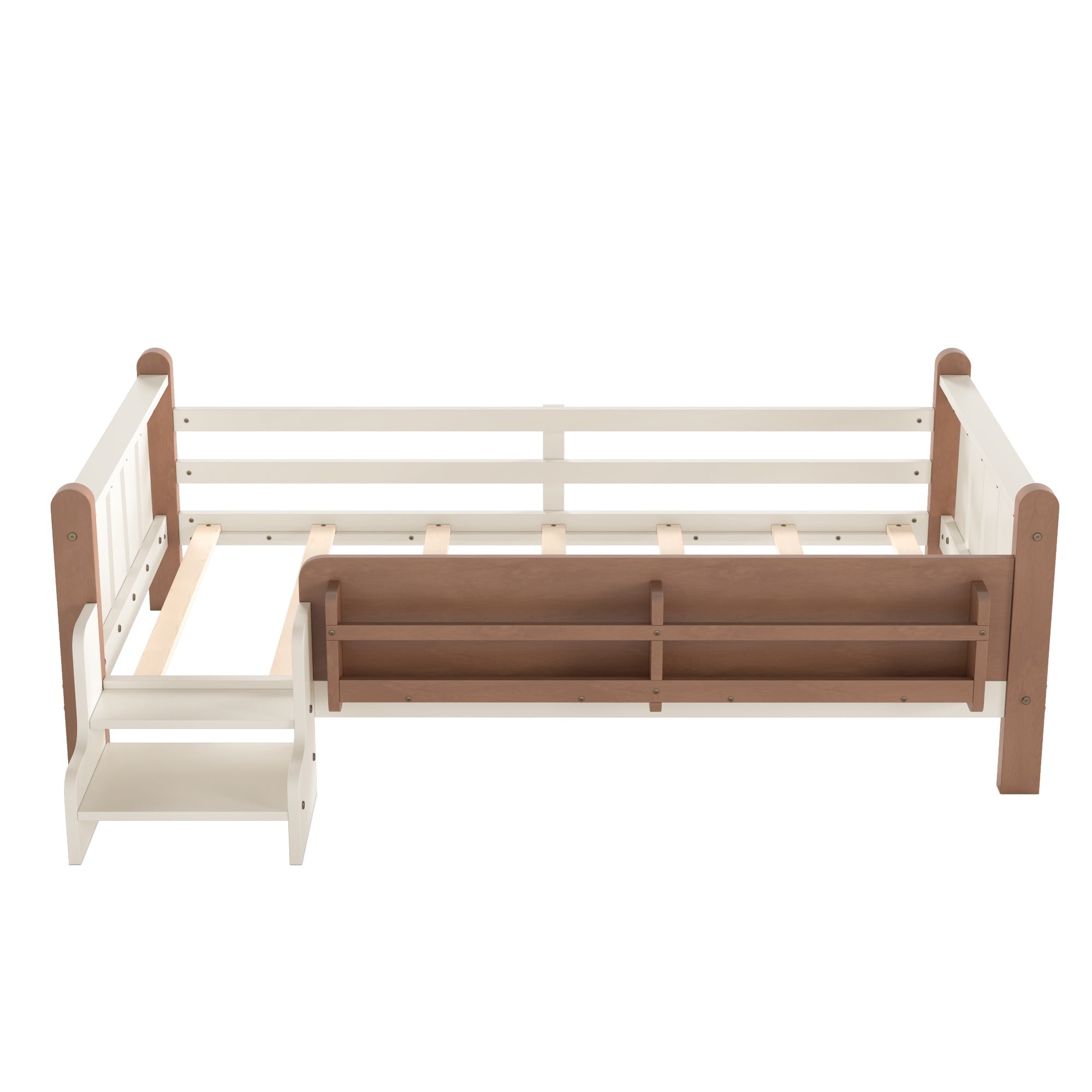 Bellemave® Full Size Floor Bed with Storage Bookcases, Solid Wood Kids Floor Bed with Cute Stairs and Guardrails, No Box Spring Needed, Espresso - Bellemave