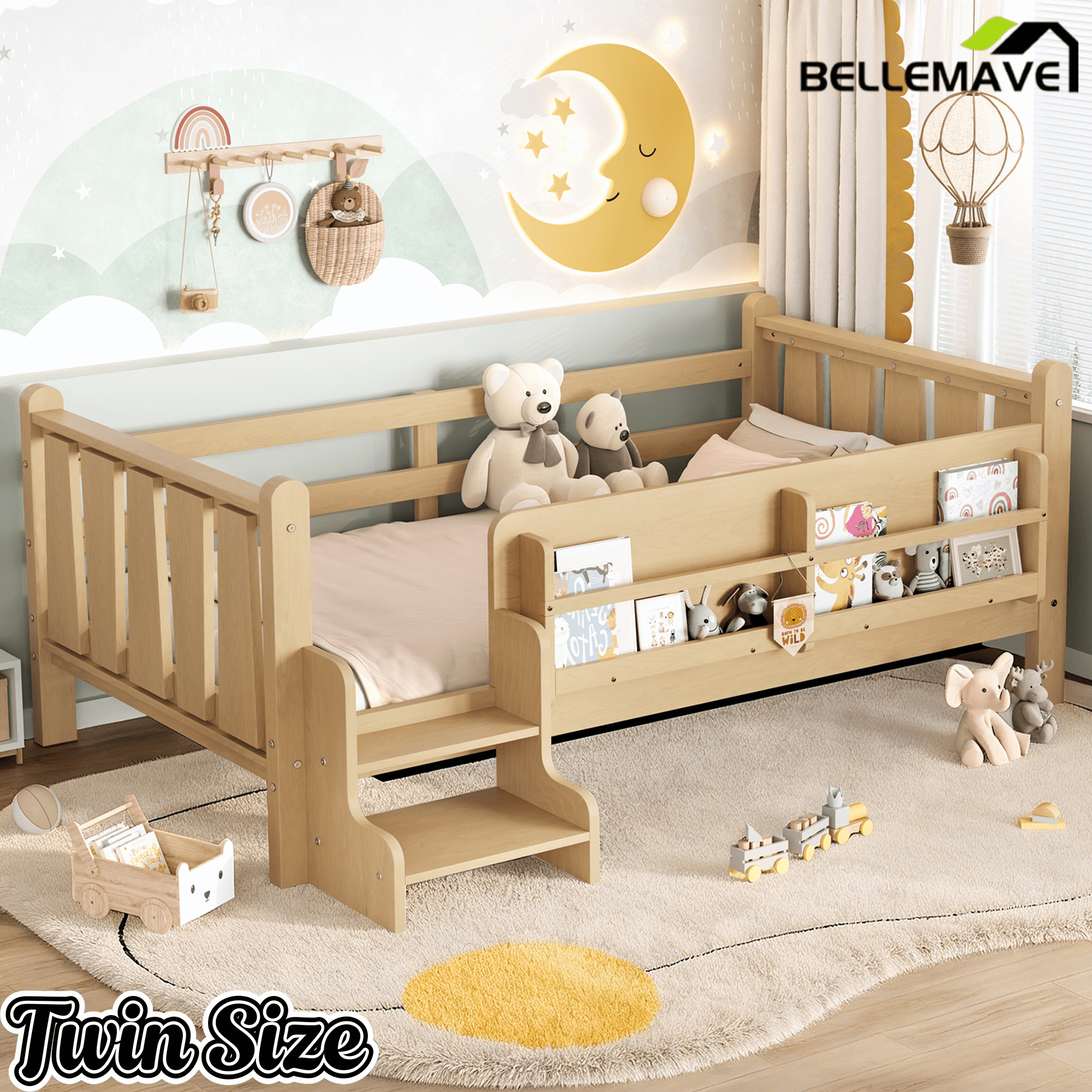 Bellemave® Full Size Floor Bed with Storage Bookcases, Solid Wood Kids Floor Bed with Cute Stairs and Guardrails, No Box Spring Needed, Espresso - Bellemave