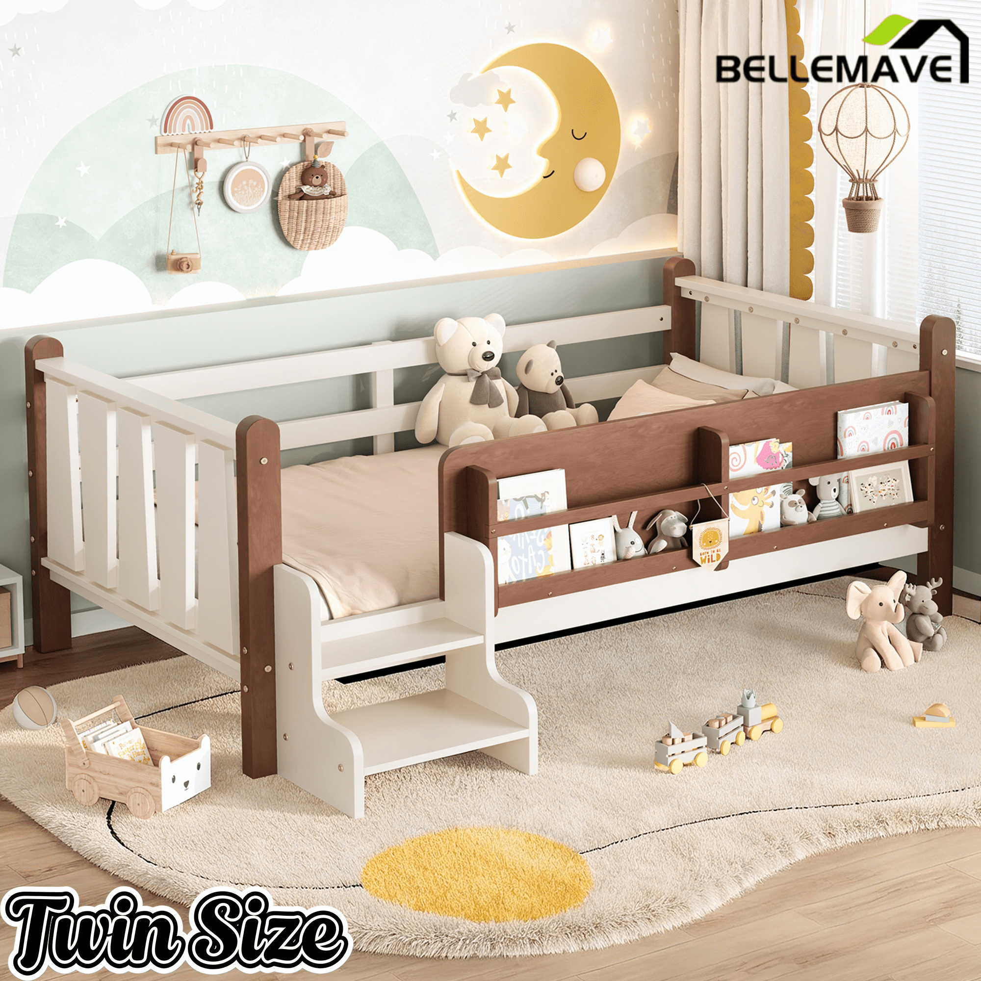 Bellemave® Full Size Floor Bed with Storage Bookcases, Solid Wood Kids Floor Bed with Cute Stairs and Guardrails, No Box Spring Needed, Espresso - Bellemave