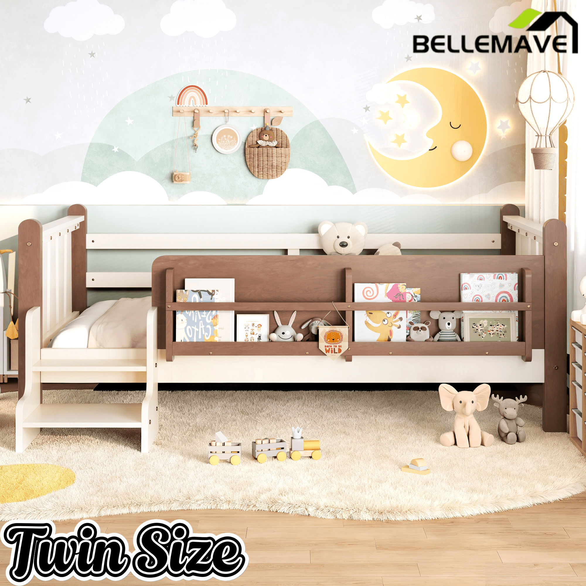 Bellemave® Full Size Floor Bed with Storage Bookcases, Solid Wood Kids Floor Bed with Cute Stairs and Guardrails, No Box Spring Needed, Espresso - Bellemave