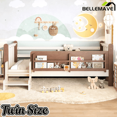Bellemave® Full Size Floor Bed with Storage Bookcases, Solid Wood Kids Floor Bed with Cute Stairs and Guardrails, No Box Spring Needed, Espresso - Bellemave