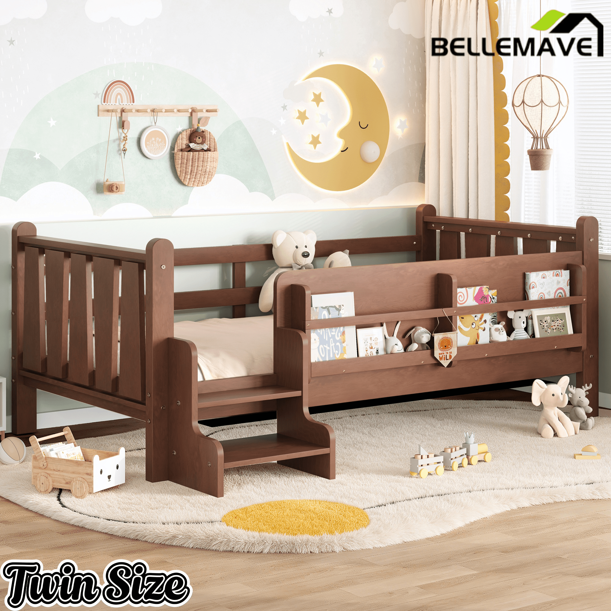 Bellemave® Full Size Floor Bed with Storage Bookcases, Solid Wood Kids Floor Bed with Cute Stairs and Guardrails, No Box Spring Needed, Espresso - Bellemave