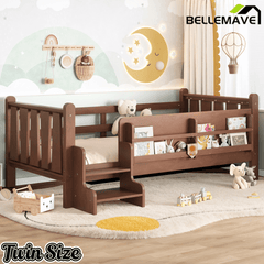 Bellemave® Full Size Floor Bed with Storage Bookcases, Solid Wood Kids Floor Bed with Cute Stairs and Guardrails, No Box Spring Needed, Espresso - Bellemave