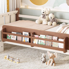 Bellemave® Full Size Floor Bed with Storage Bookcases, Solid Wood Kids Floor Bed with Cute Stairs and Guardrails, No Box Spring Needed, Espresso - Bellemave