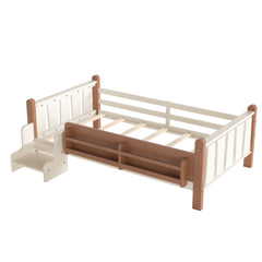 Bellemave® Full Size Floor Bed with Storage Bookcases, Solid Wood Kids Floor Bed with Cute Stairs and Guardrails, No Box Spring Needed, Espresso - Bellemave