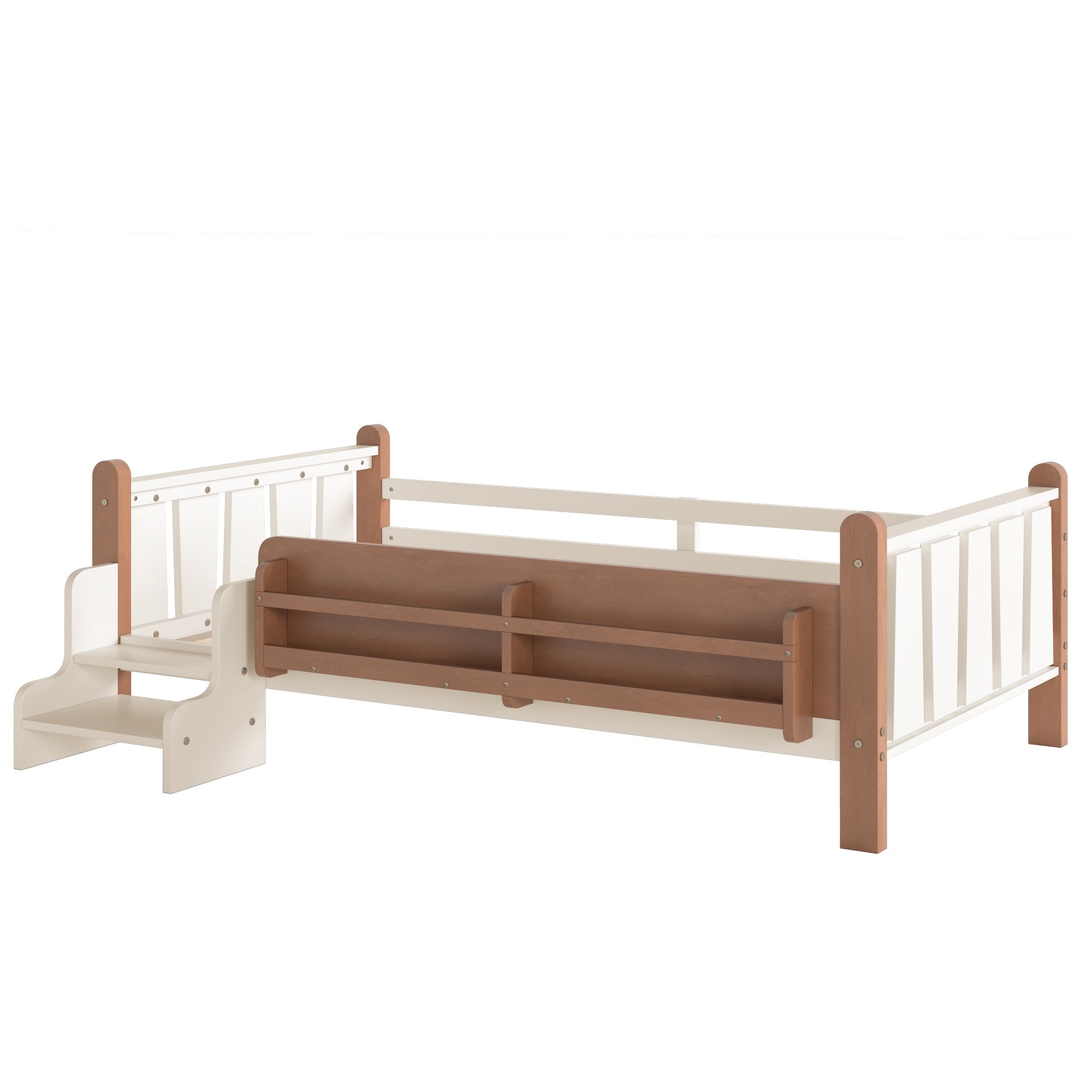 Bellemave® Full Size Floor Bed with Storage Bookcases, Solid Wood Kids Floor Bed with Cute Stairs and Guardrails, No Box Spring Needed, Espresso - Bellemave