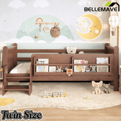 Bellemave® Full Size Floor Bed with Storage Bookcases, Solid Wood Kids Floor Bed with Cute Stairs and Guardrails, No Box Spring Needed, Espresso - Bellemave