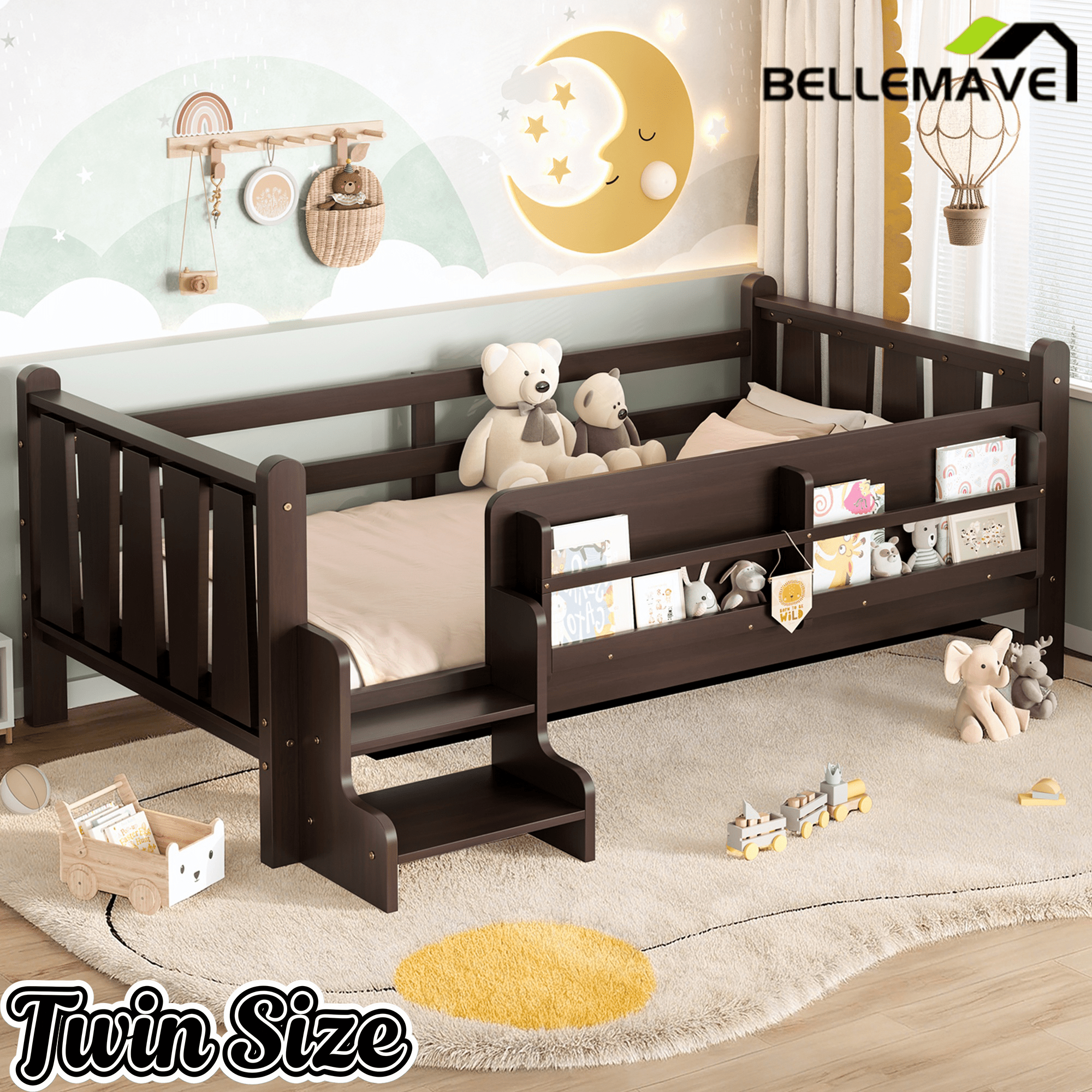 Bellemave® Full Size Floor Bed with Storage Bookcases, Solid Wood Kids Floor Bed with Cute Stairs and Guardrails, No Box Spring Needed, Espresso - Bellemave