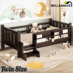 Bellemave® Full Size Floor Bed with Storage Bookcases, Solid Wood Kids Floor Bed with Cute Stairs and Guardrails, No Box Spring Needed, Espresso - Bellemave