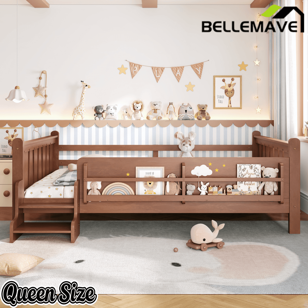 Bellemave® Full Size Floor Bed with Storage Bookcases, Solid Wood Kids Floor Bed with Cute Stairs and Guardrails, No Box Spring Needed, Espresso - Bellemave